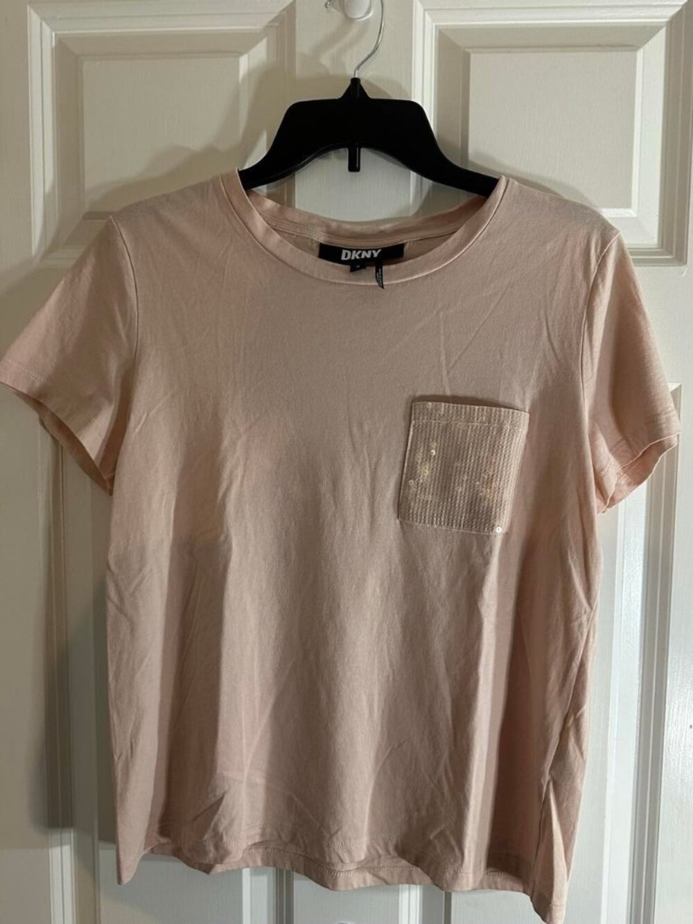 DKNY Blush Pink Sequin Pocket Crew Neck Tee Short Sleeve Casual M